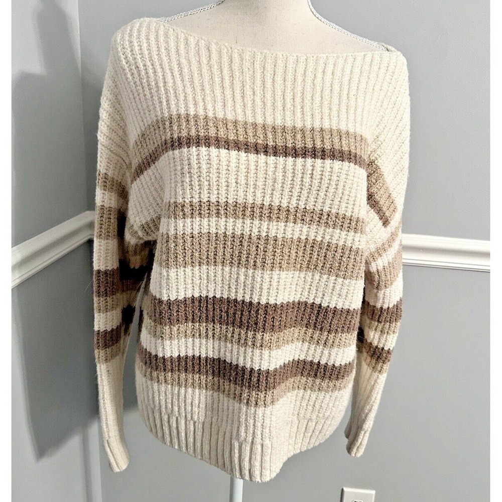 Old Navy Sweater Womens Size L Striped Pullover Boat Neck Chunky Knit Stretch‎